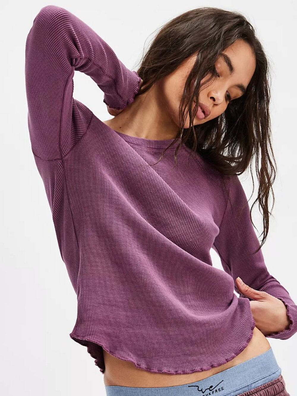 We The Free Easy Does It Long Sleeve Tee Amaranth Purple Ruffle Small
